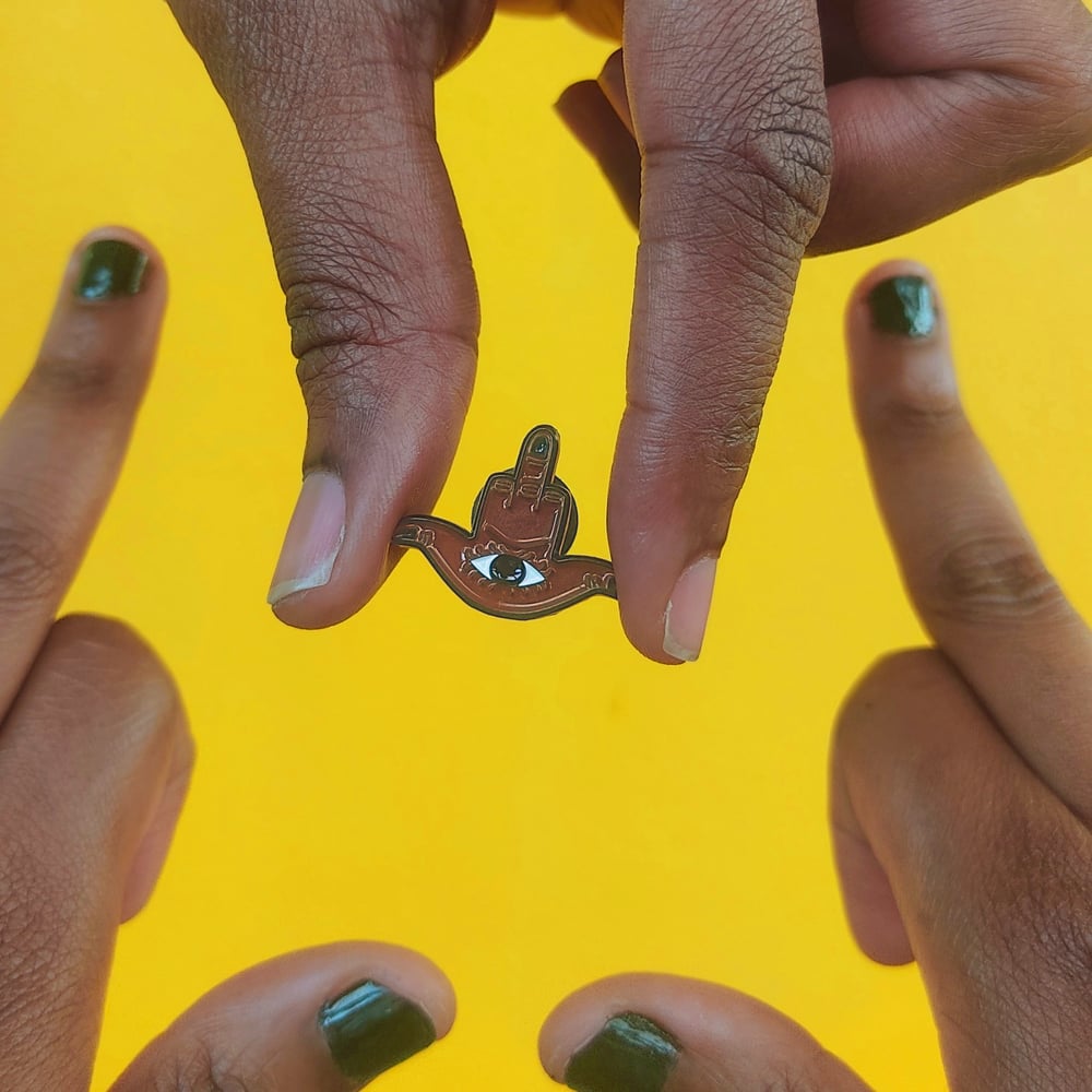 Image of rude hamsa enamel pin