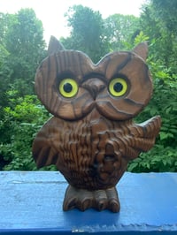 Image 1 of Vintage Carved Wooden Owl Figurine with Glass Eyes