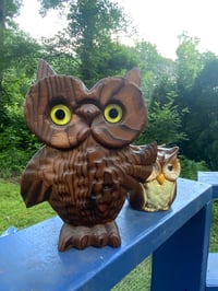 Image 2 of Vintage Carved Wooden Owl Figurine with Glass Eyes