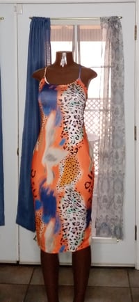 Image 1 of MULTI COLORED LEPORAD PRINT BODYCON BACKLESS DRESS SPAGHETTI STRAP ORANGE 