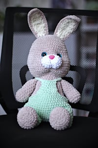Image 1 of 🐰 Crochet Grey Bunny in Green Suit - Handmade Plushie for Cuddles and Play
