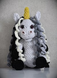 Image 1 of Handmade Crochet Unicorn In Dress, Fantasy Stuffed Toy Animal, Knitted Horse