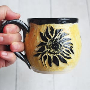 Image of Sgraffito Sunflower Mug, Hand Carved Botanical Design Specialty Art Mug, Made in USA