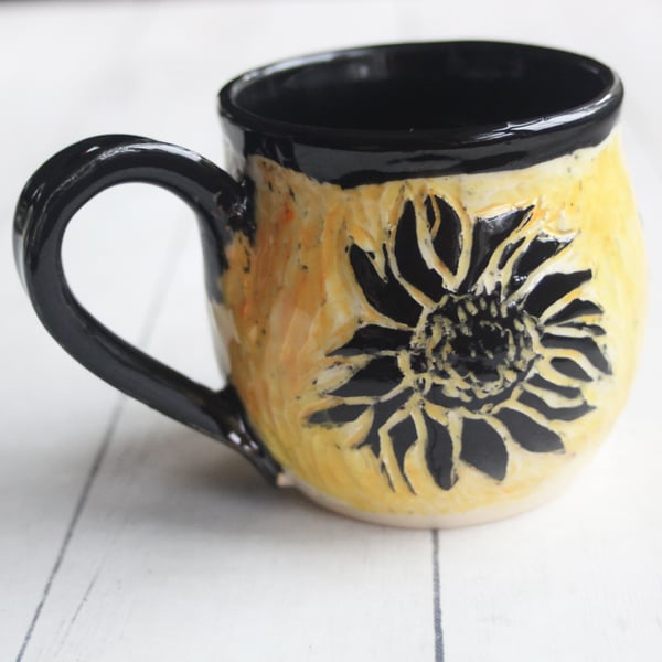 Image of Sgraffito Sunflower Mug, Hand Carved Botanical Design Specialty Art Mug, Made in USA