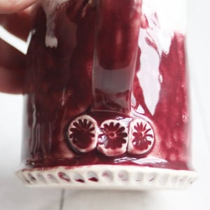 Image of Ox Blood Red Pottery Mug with White Dripping Glaze, Handmade Coffee Cup, Made in USA