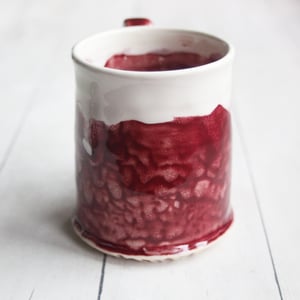 Image of Ox Blood Red Pottery Mug with White Dripping Glaze, Handmade Coffee Cup, Made in USA