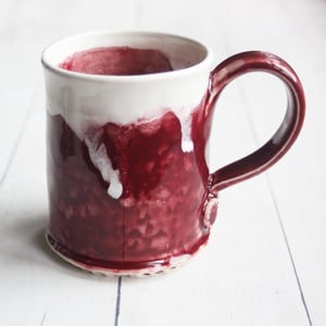 Image of Ox Blood Red Pottery Mug with White Dripping Glaze, Handmade Coffee Cup, Made in USA