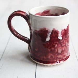 Image of Ox Blood Red Pottery Mug with White Dripping Glaze, Handmade Coffee Cup, Made in USA