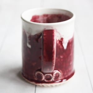 Image of Ox Blood Red Pottery Mug with White Dripping Glaze, Handmade Coffee Cup, Made in USA