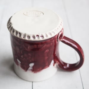 Image of Ox Blood Red Pottery Mug with White Dripping Glaze, Handmade Coffee Cup, Made in USA