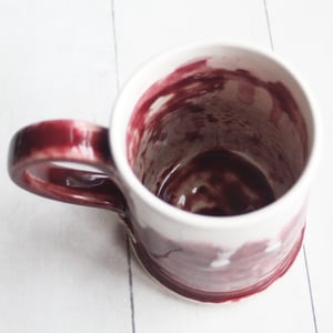 Image of Ox Blood Red Pottery Mug with White Dripping Glaze, Handmade Coffee Cup, Made in USA