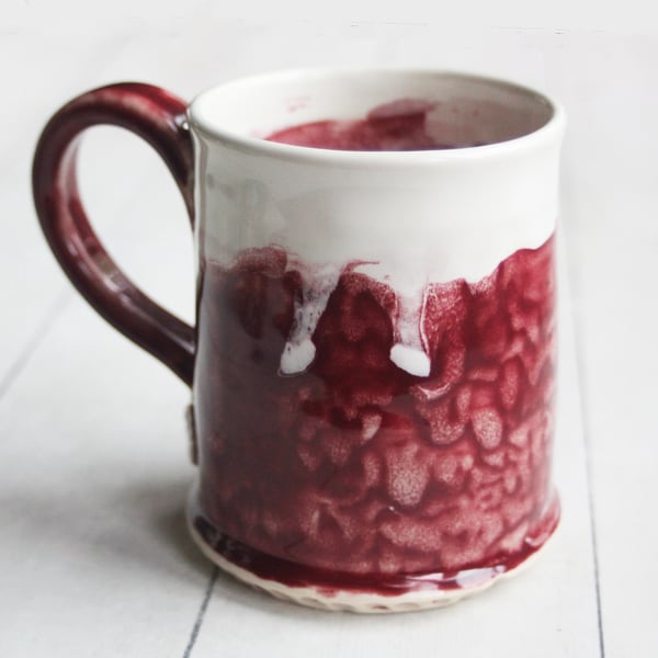 Image of Ox Blood Red Pottery Mug with White Dripping Glaze, Handmade Coffee Cup, Made in USA