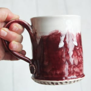 Image of Ox Blood Red Pottery Mug with White Dripping Glaze, Handmade Coffee Cup, Made in USA