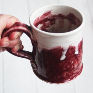 Image of Ox Blood Red Pottery Mug with White Dripping Glaze, Handmade Coffee Cup, Made in USA