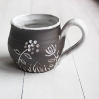 Image 3 of Small Pottery Mug with Dark Brown Raw Stone Clay, Carved Flowers, Made in USA