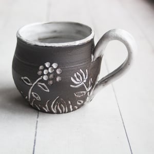 Image of Small Pottery Mug with Dark Brown Raw Stone Clay, Carved Flowers, Made in USA