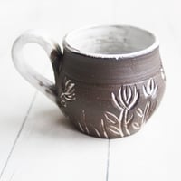 Image 5 of Small Pottery Mug with Dark Brown Raw Stone Clay, Carved Flowers, Made in USA