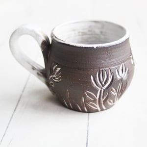 Image of Small Pottery Mug with Dark Brown Raw Stone Clay, Carved Flowers, Made in USA