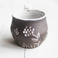 Image 6 of Small Pottery Mug with Dark Brown Raw Stone Clay, Carved Flowers, Made in USA