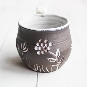 Image of Small Pottery Mug with Dark Brown Raw Stone Clay, Carved Flowers, Made in USA