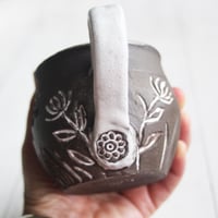Image 7 of Small Pottery Mug with Dark Brown Raw Stone Clay, Carved Flowers, Made in USA