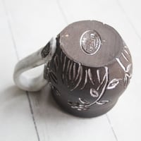 Image 9 of Small Pottery Mug with Dark Brown Raw Stone Clay, Carved Flowers, Made in USA
