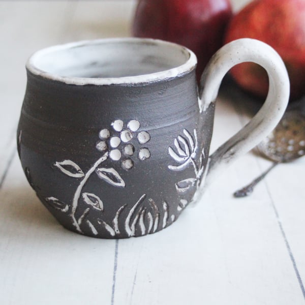 Image of Small Pottery Mug with Dark Brown Raw Stone Clay, Carved Flowers, Made in USA