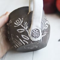 Image 4 of Small Pottery Mug with Dark Brown Raw Stone Clay, Carved Flowers, Made in USA