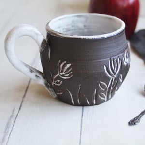 Image of Small Pottery Mug with Dark Brown Raw Stone Clay, Carved Flowers, Made in USA