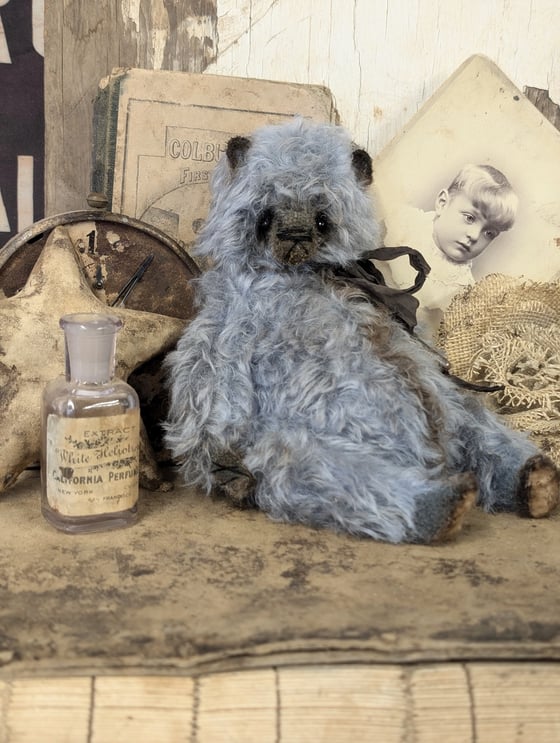 Image of 9"  Vintage style BLUE/GRAY MOHAIR fat bear w/antique skeleton key by whendi's bears