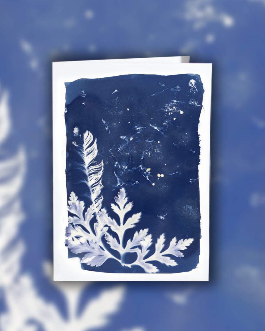 Image of Feather and Leaf Cyanotype Greeting Card