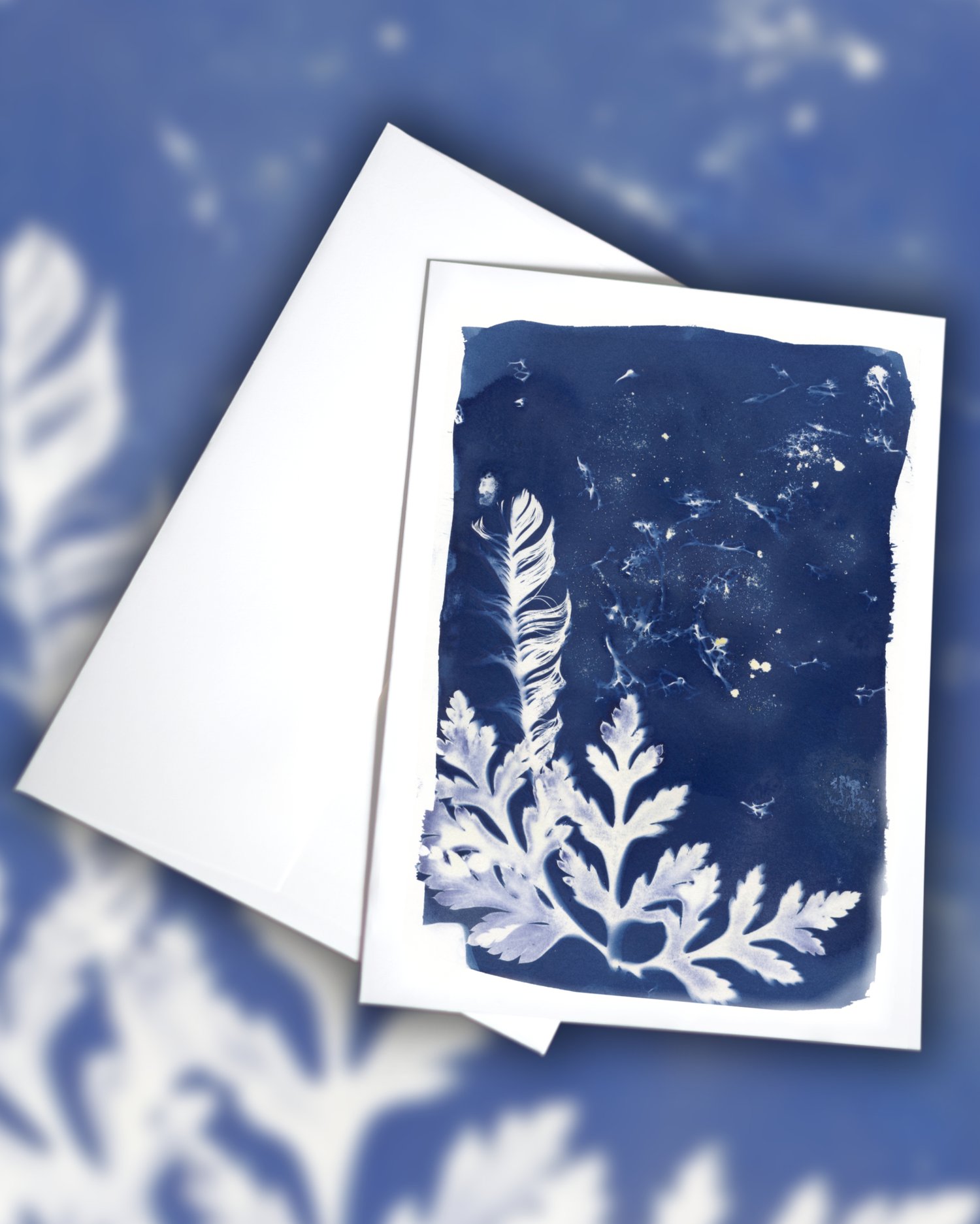 Image of Feather and Leaf Cyanotype Greeting Card