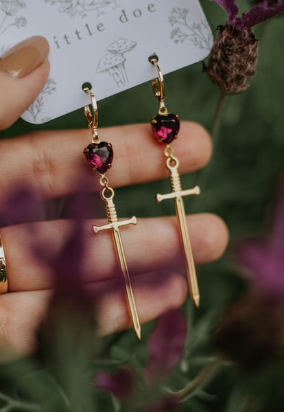 Image of Gold Garnet Sword Earrings