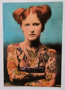 Image of original antique vintage 1920 unknown tattooed woman tattoo 1985 post card 4x6