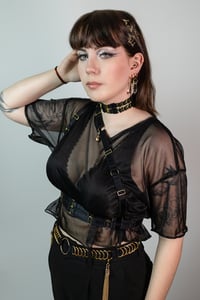 Image 4 of Satin elastic belt with D Rings and chain tassels - Gold