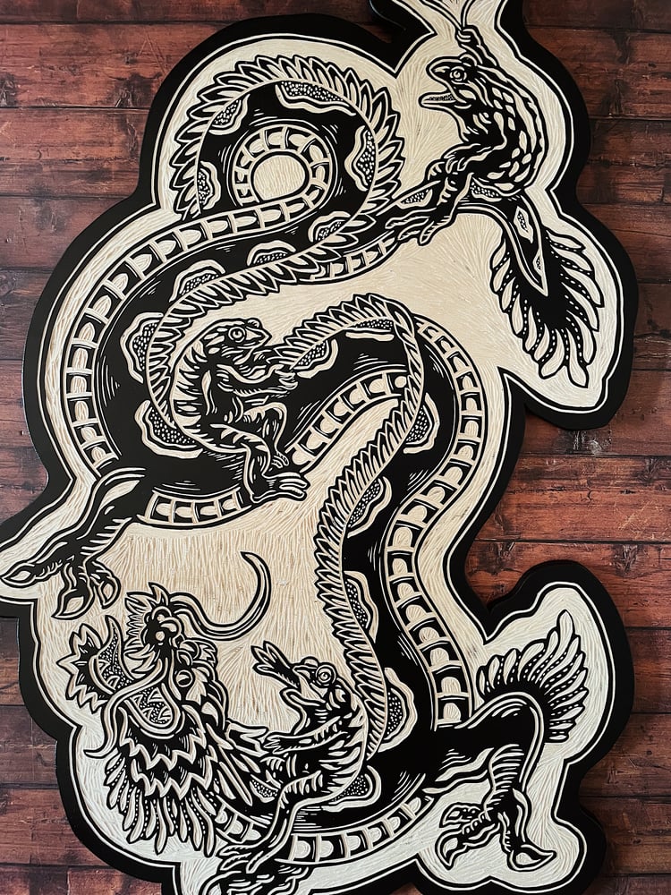 Image of Dragon/frogs Woodcut 