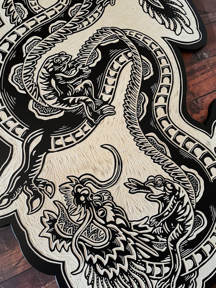 Image of Dragon/frogs Woodcut 