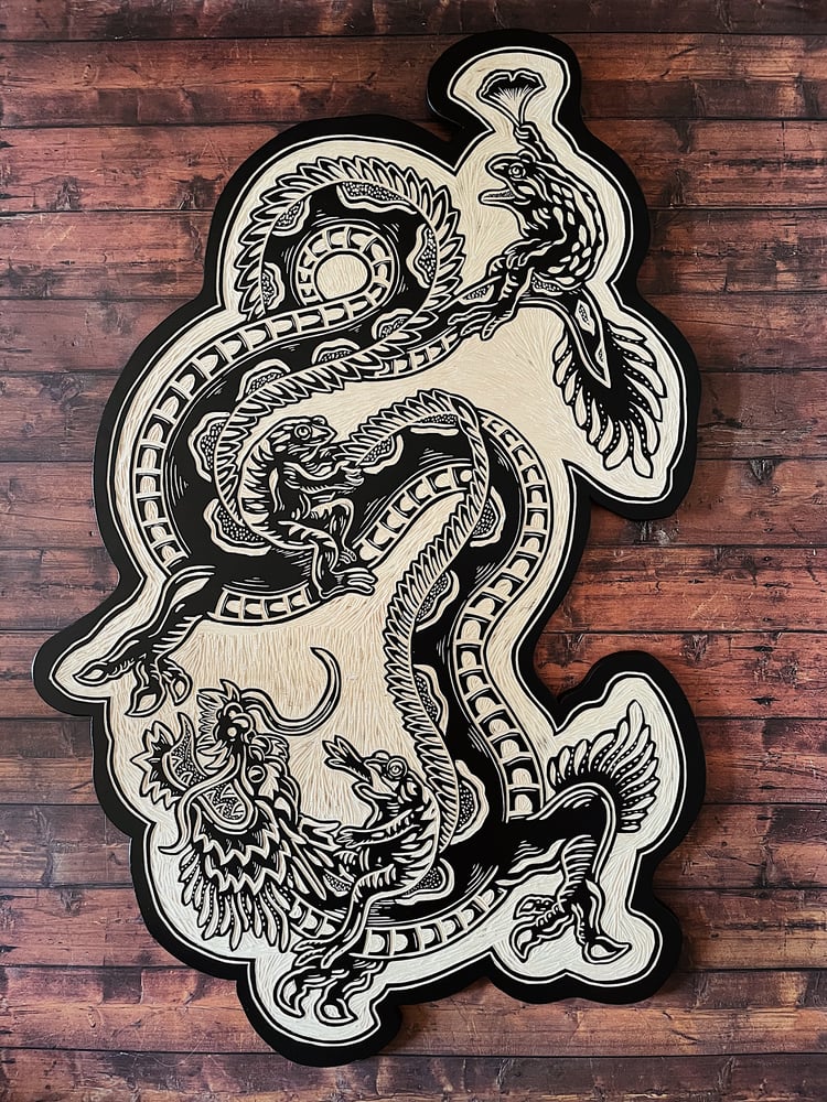 Image of Dragon/frogs Woodcut 