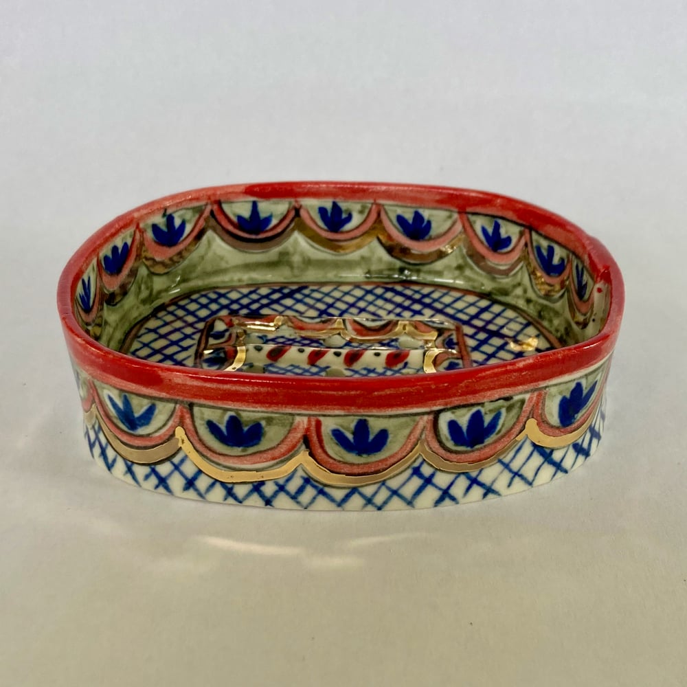 Image of Soap dish blue lattice pattern