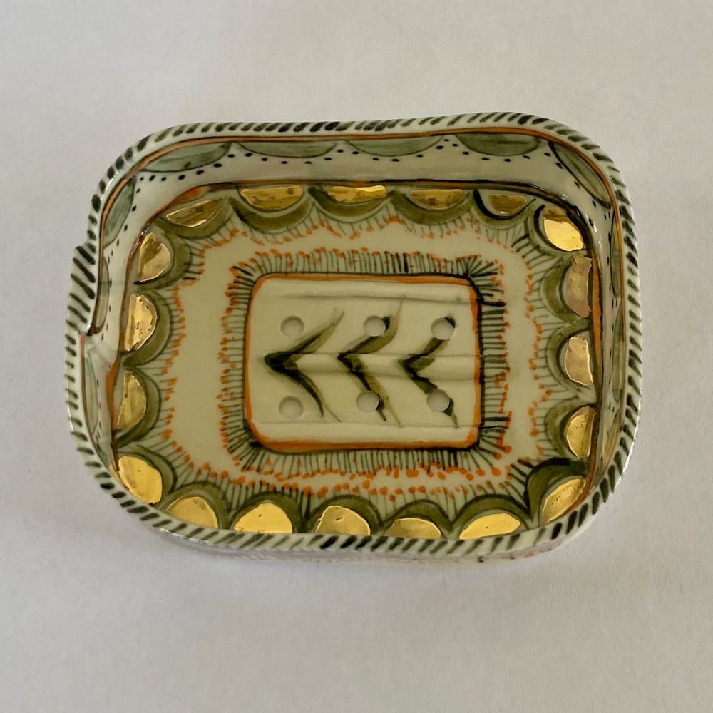 Image of Orange gold and green design soap dish