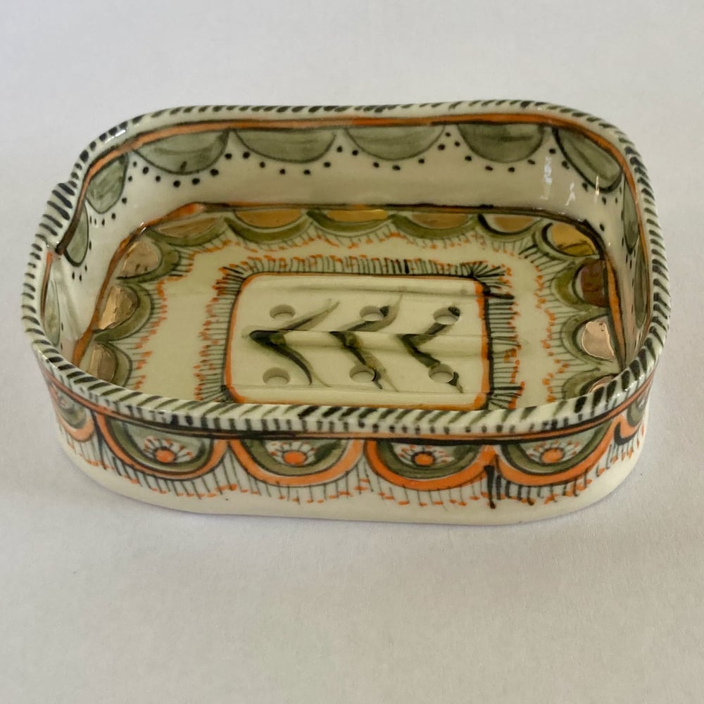 Image of Orange gold and green design soap dish