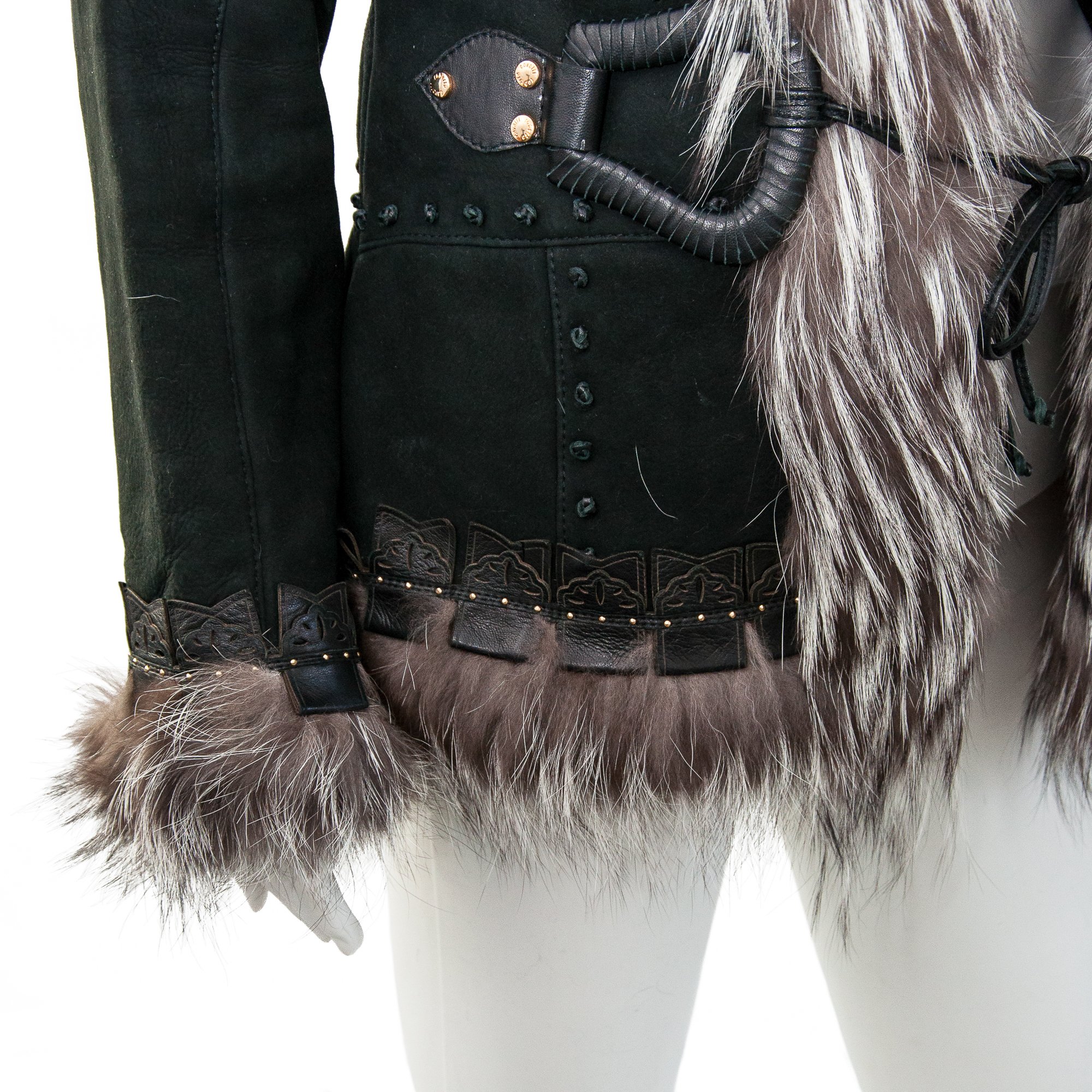 Image of Roberto Cavalli 2006 Black Suede and Silver Fox Fur Shearling Jacket 