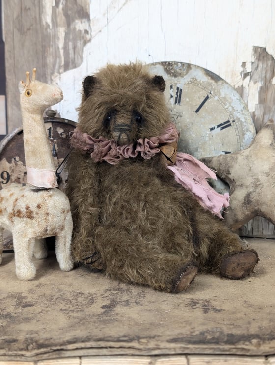 Image of 9"  Vintage style Chocolate Brown MOHAIR fat Teddy Bear w/vintage textile ruff by whendi's bears