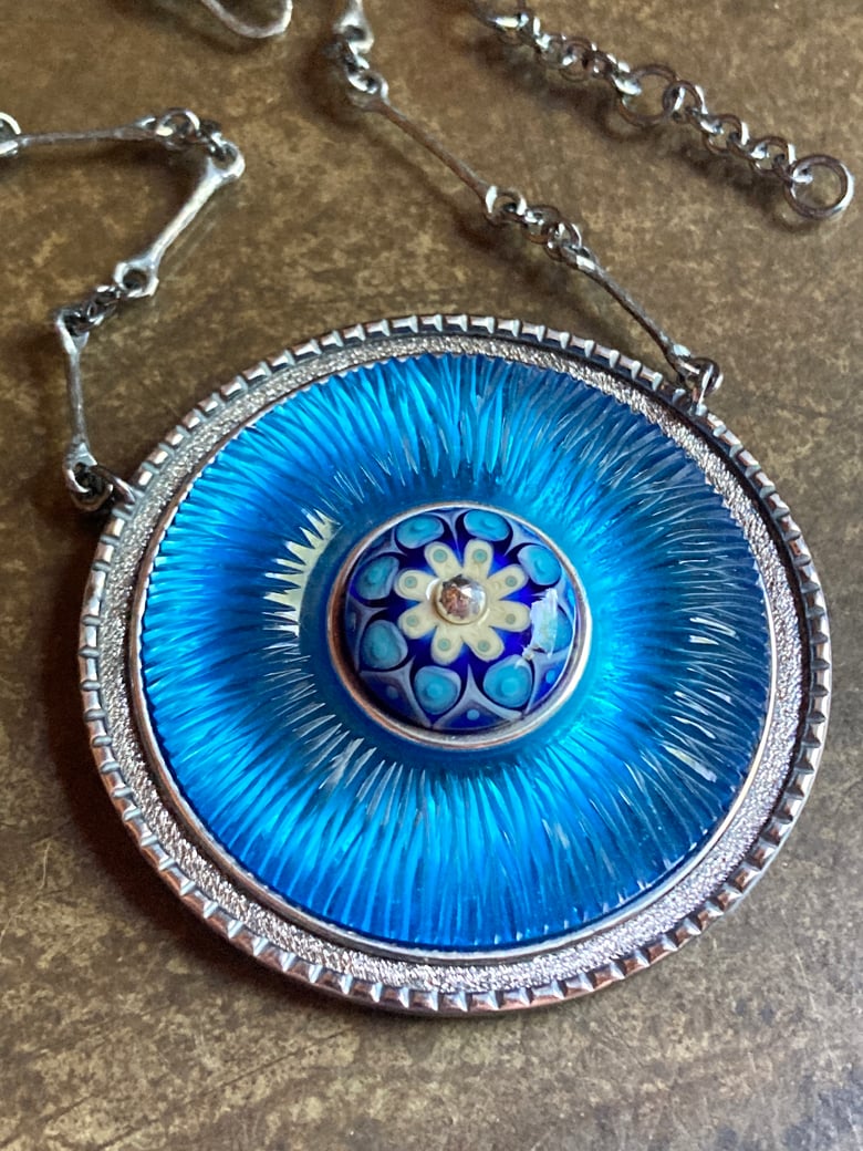 Image of Engraved Ocean Blue Pendant with Handmade Chain