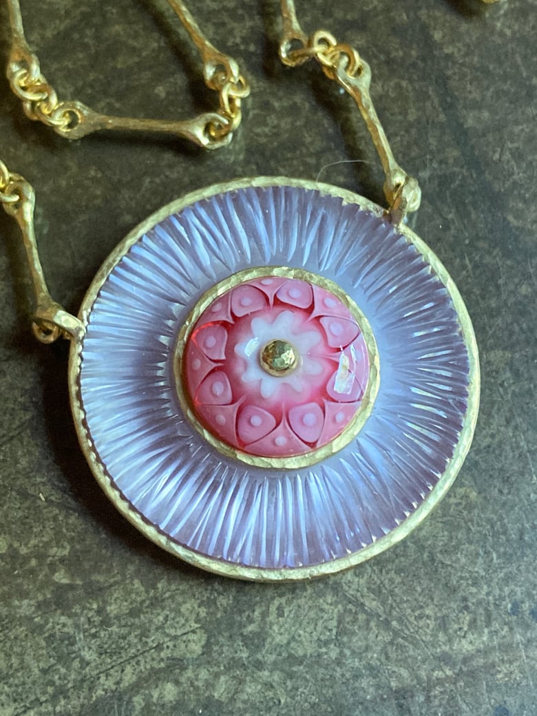 Image of Engraved Pastel Pink Pendant with 18k gold Handmade Chain 