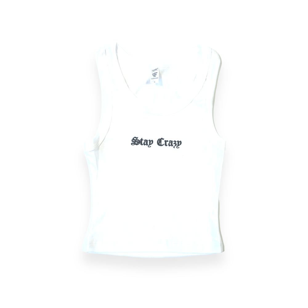 Image of WHITE STAY CRAZY CROP TANK TOP 