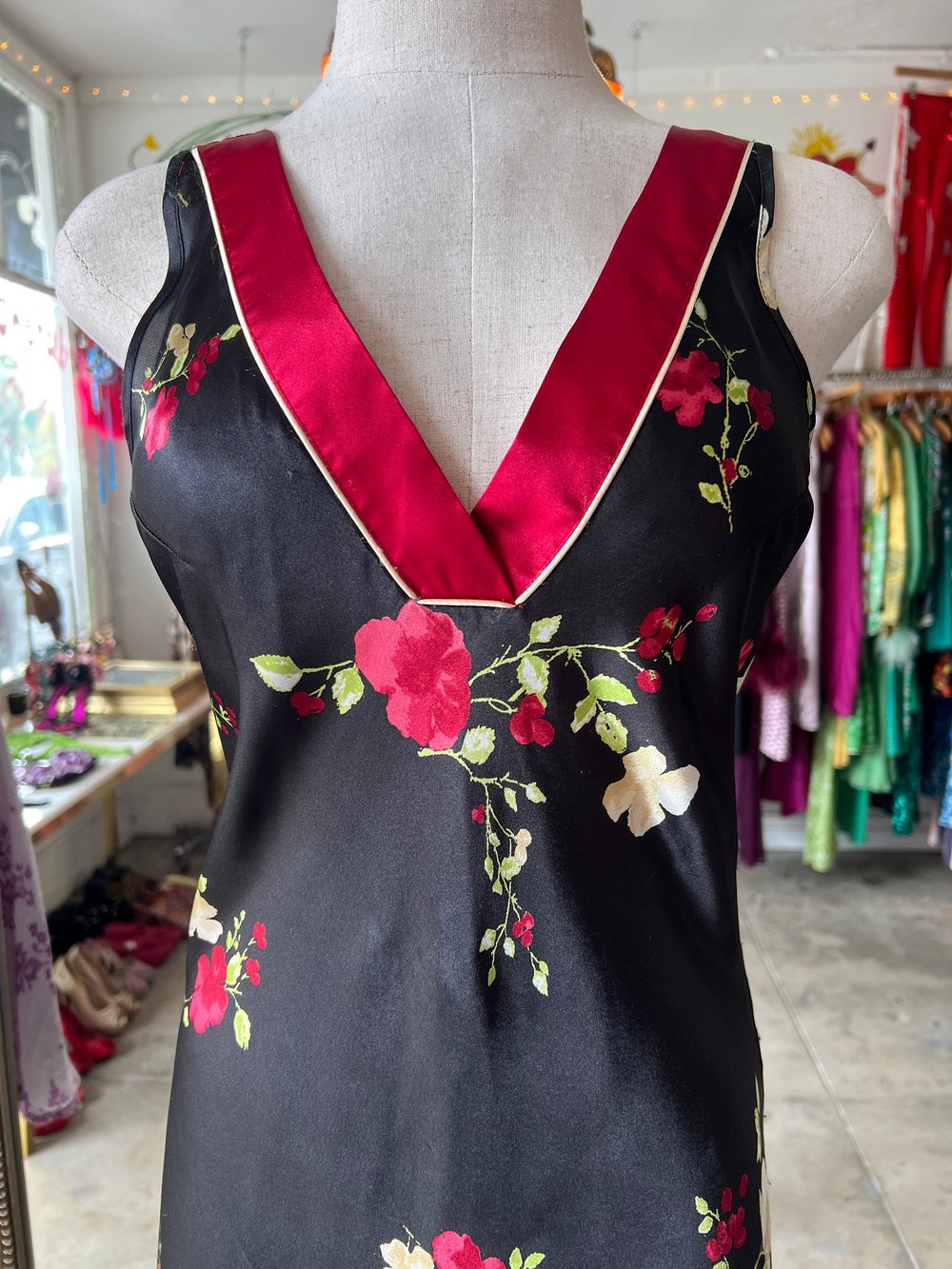 Image of BLACK SLIP DRESS WITH RED AND WHITE FLOWERS