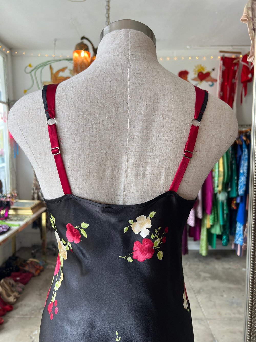 Image of BLACK SLIP DRESS WITH RED AND WHITE FLOWERS