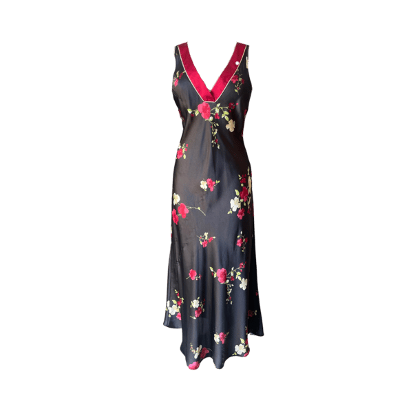 Image of BLACK SLIP DRESS WITH RED AND WHITE FLOWERS