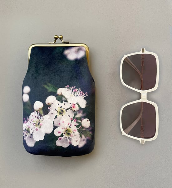 Image of Hawthorn blossom, printed velvet glasses case with kisslock frame